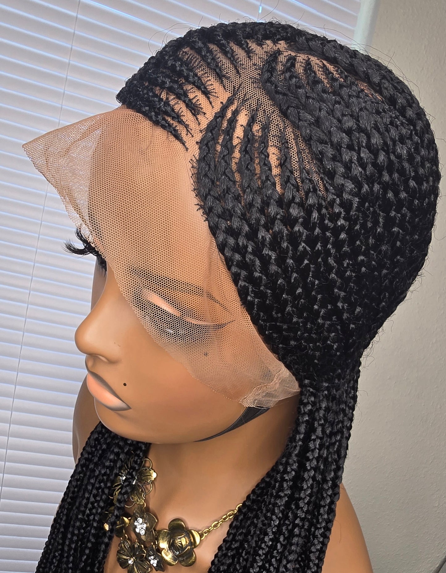 Black Adomac 035 32inches 360 Full Lace Synthetic Braided Wig with Unique Heart Design Unisex Natural Appearance Easy Styling Comfortable Maintenance