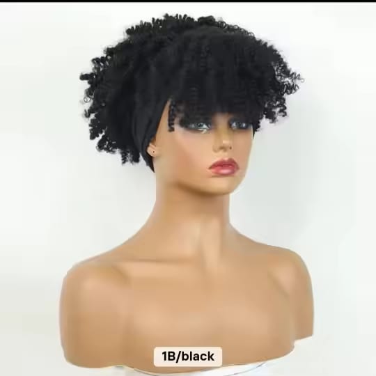Women's 6-Inch Short Kinky Coil Headband Wig, Natural Black Synthetic Wig with Adjustable Band, Soft Fluffy Curly Hair