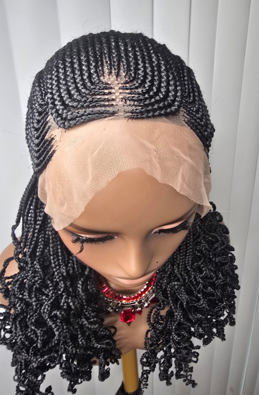 7×7 Cornrow Braided Wig with Curls – Long Synthetic Braided Lace Wig for Women