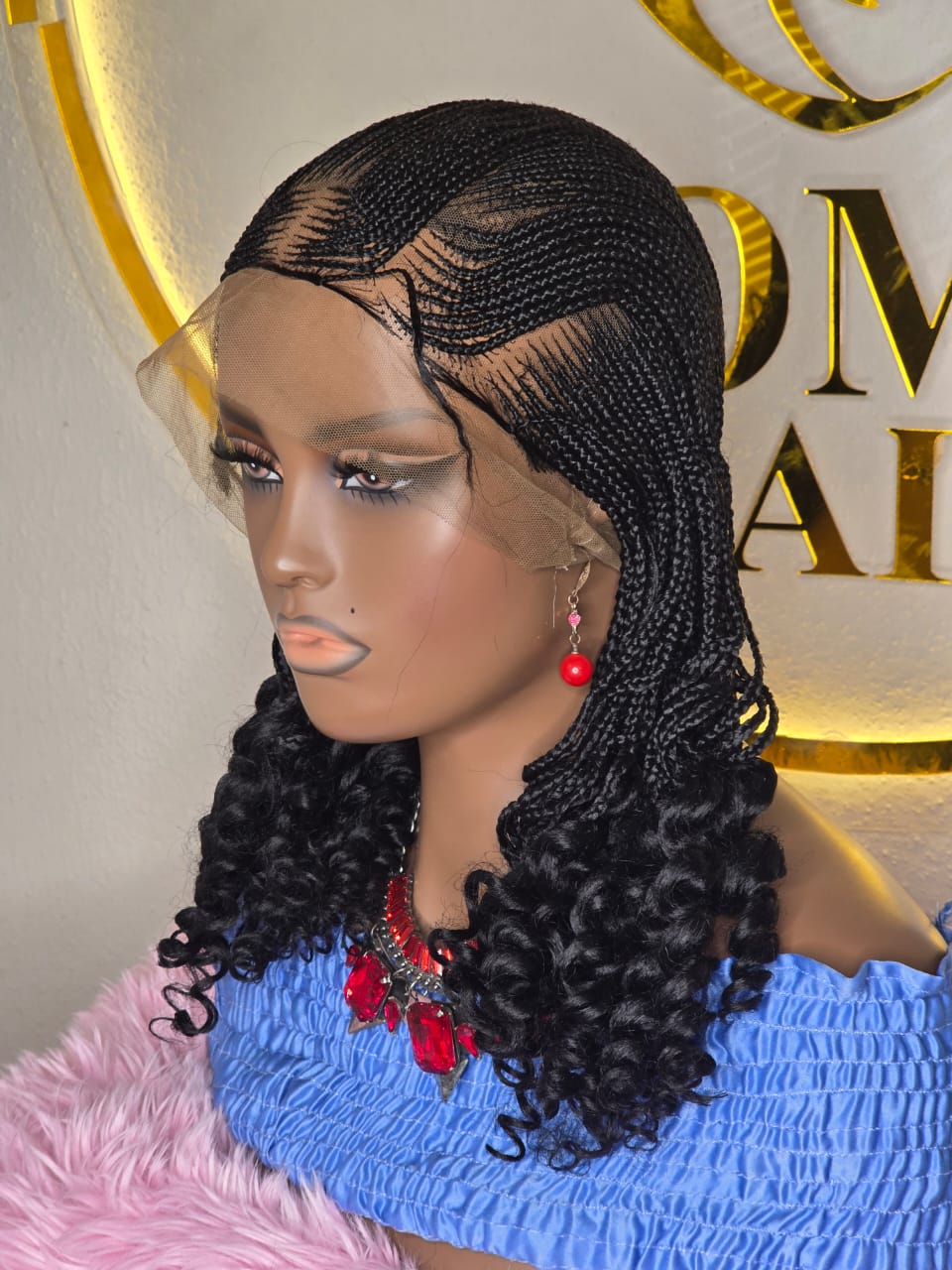 Women’s Black Micro Braided Lace Front Wig with Curly Ends – Cornrow Wave Pattern Pre-Braided Wig