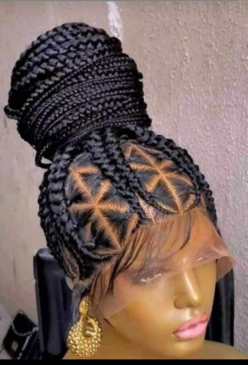 Black 36-Inch 360 Full Lace Braided Wig with High ponytail, Star Parting & Baby Hair