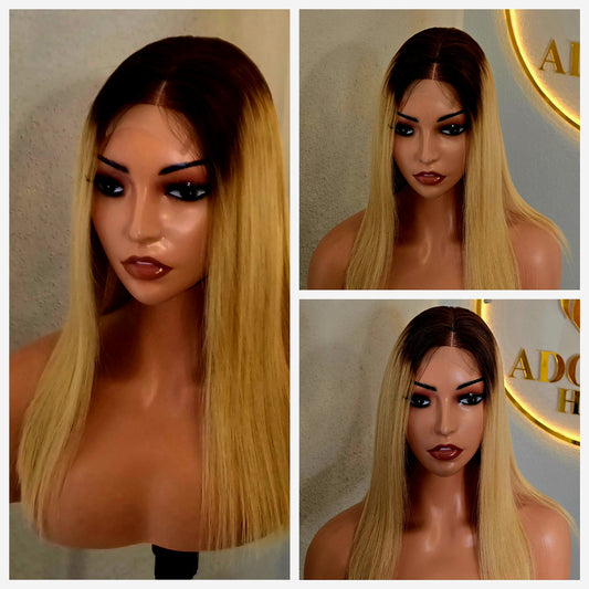14" 5by5 SDD Vietnamese Bone Straight Human Hair Blonde Tone Colour  Glueless wig  - Affordable Luxury for Ladies