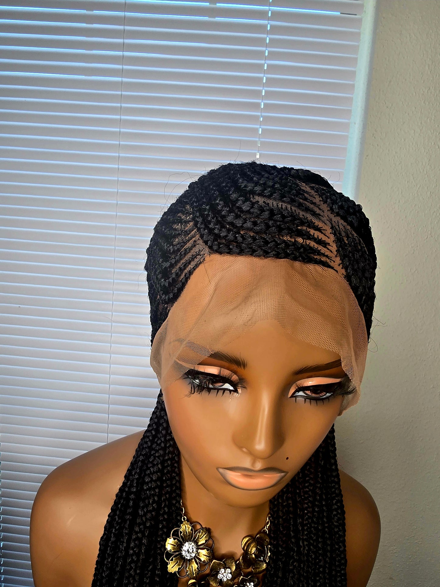 Black Adomac 035 32inches 360 Full Lace Synthetic Braided Wig with Unique Heart Design Unisex Natural Appearance Easy Styling Comfortable Maintenance