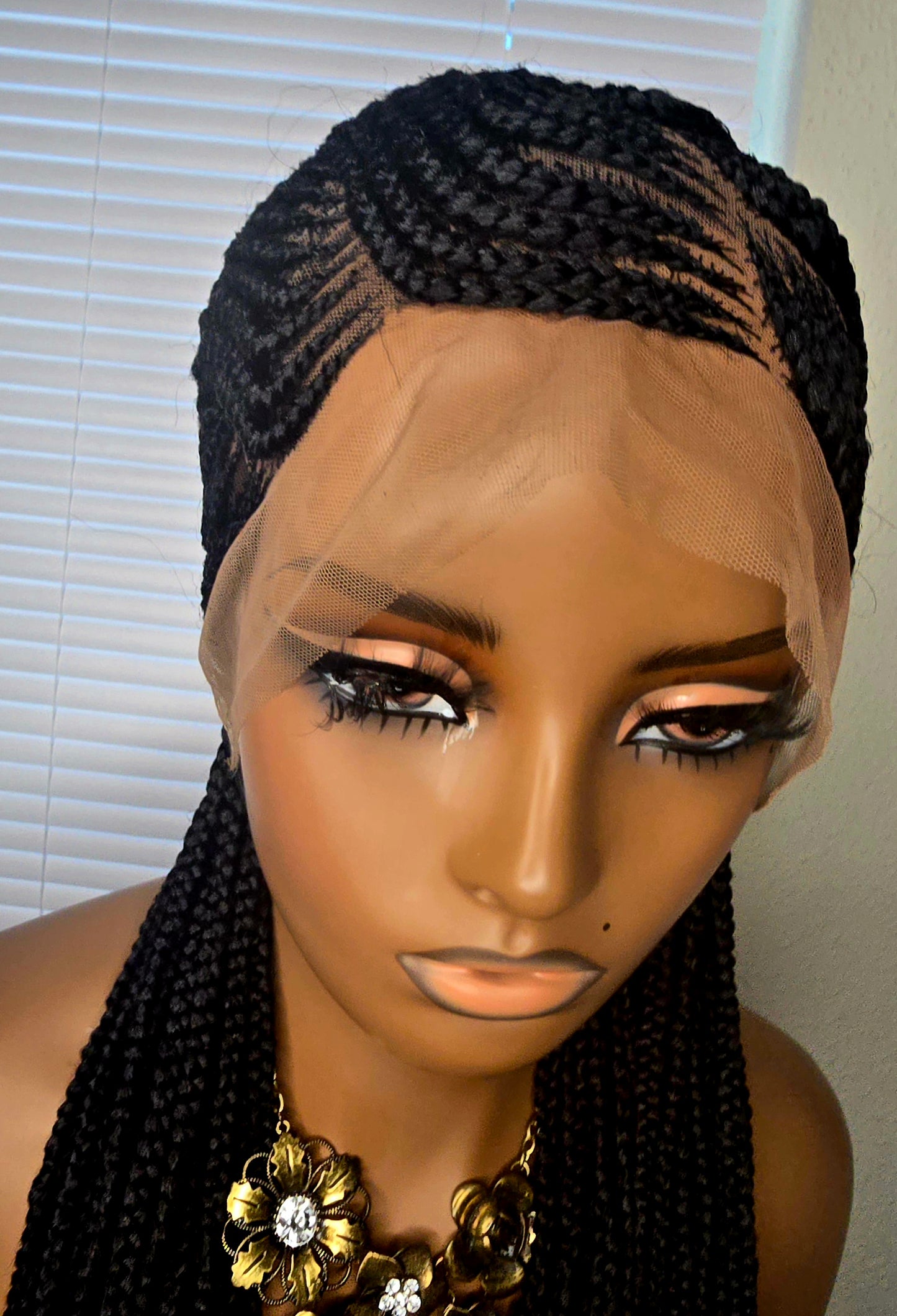 Black Adomac 035 32inches 360 Full Lace Synthetic Braided Wig with Unique Heart Design Unisex Natural Appearance Easy Styling Comfortable Maintenance