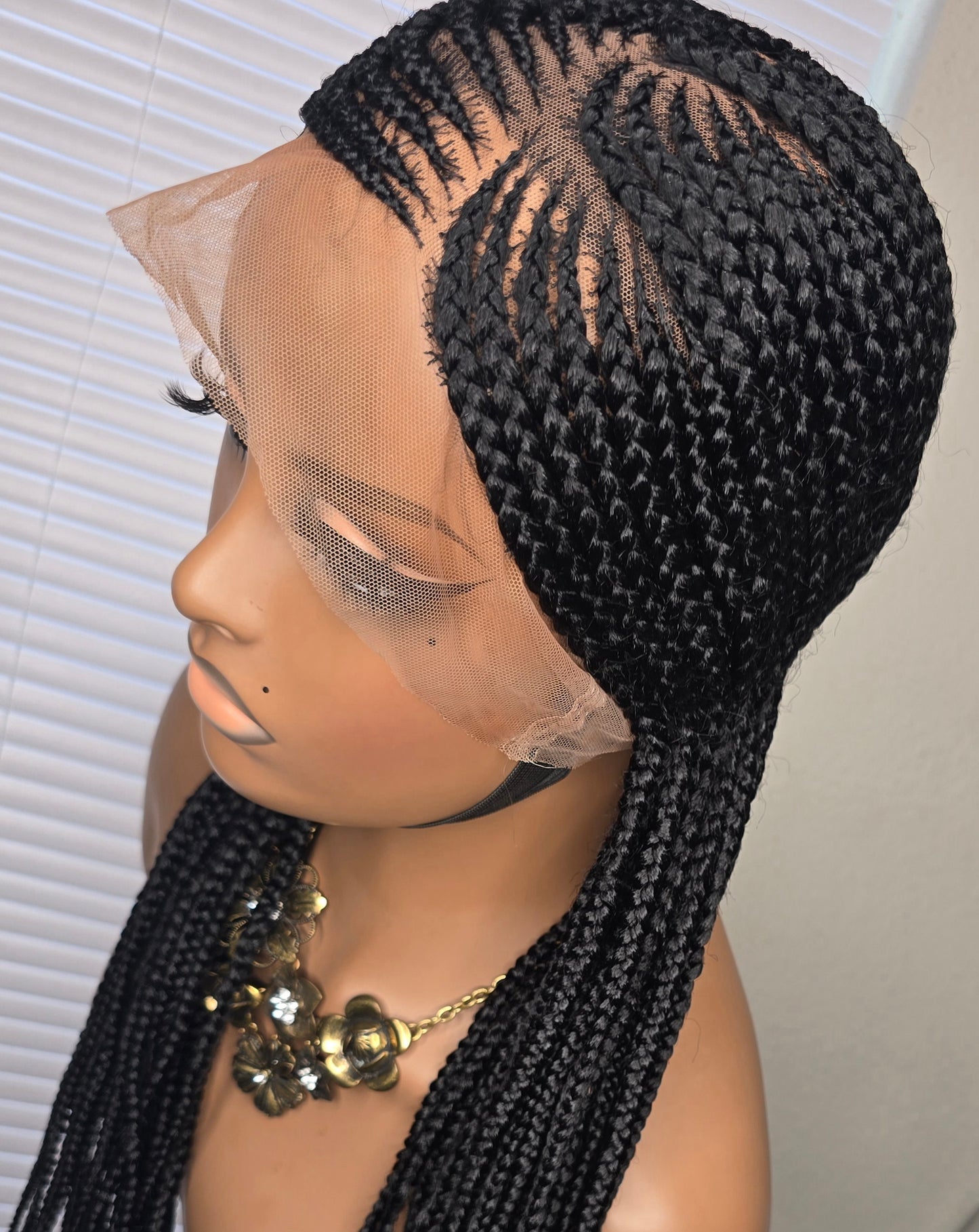Black Adomac 035 32inches 360 Full Lace Synthetic Braided Wig with Unique Heart Design Unisex Natural Appearance Easy Styling Comfortable Maintenance