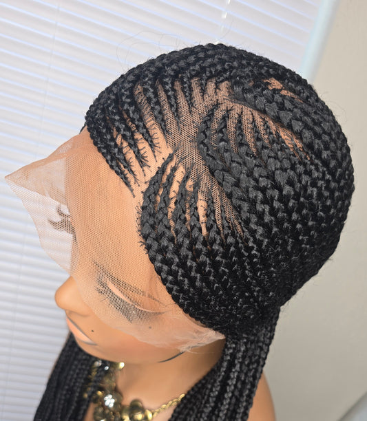 Black Adomac 035 32inches 360 Full Lace Synthetic Braided Wig with Unique Heart Design Unisex Natural Appearance Easy Styling Comfortable Maintenance