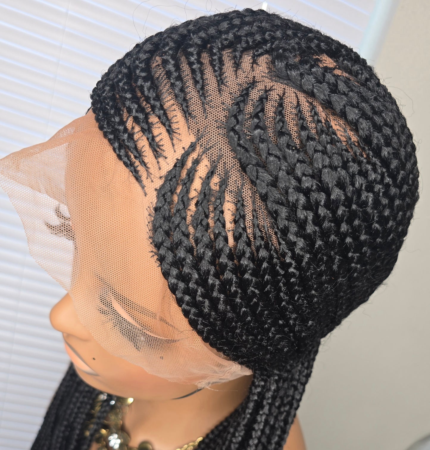 Black Adomac 035 32inches 360 Full Lace Synthetic Braided Wig with Unique Heart Design Unisex Natural Appearance Easy Styling Comfortable Maintenance