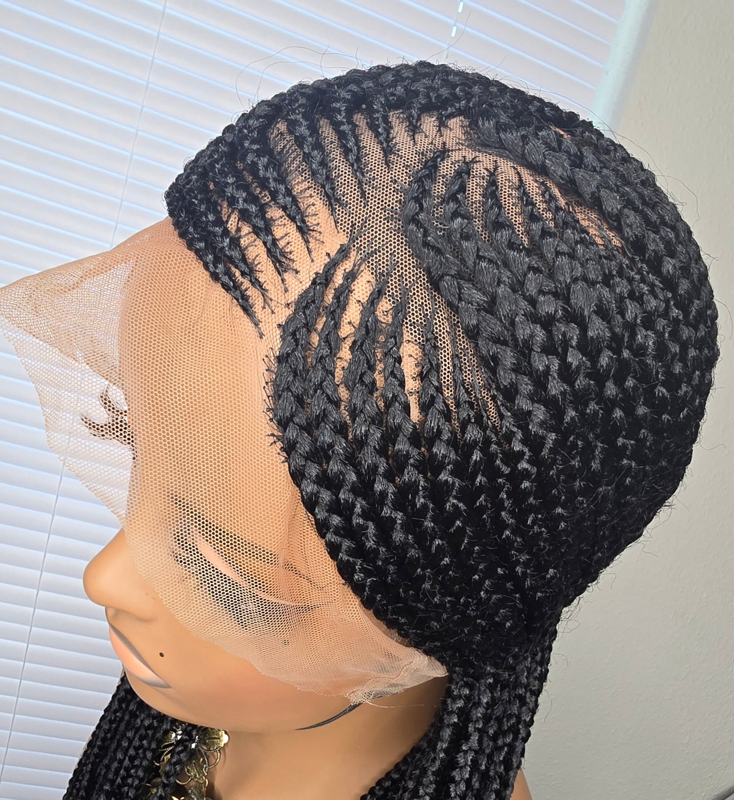 Black Adomac 035 32inches 360 Full Lace Synthetic Braided Wig with Unique Heart Design Unisex Natural Appearance Easy Styling Comfortable Maintenance