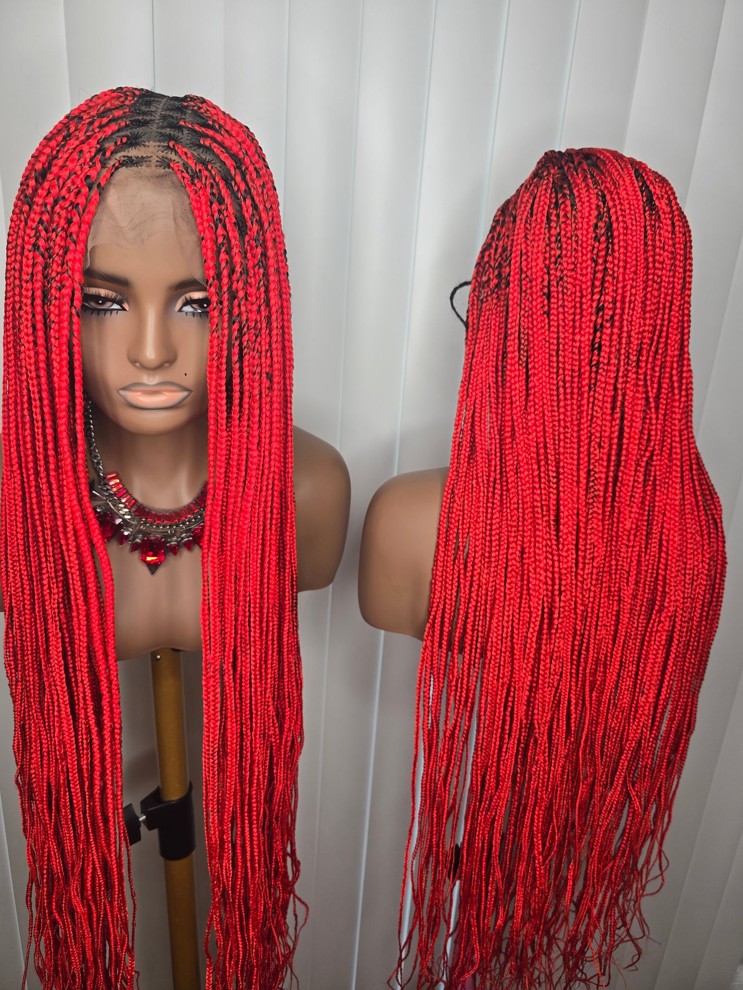 Fullace 30inches Red Knotless Braided Wig - Long Straight Synthetic Wig for Women, Vibrant Red Color, Full and Voluminous Look, Knotless Braided Style
