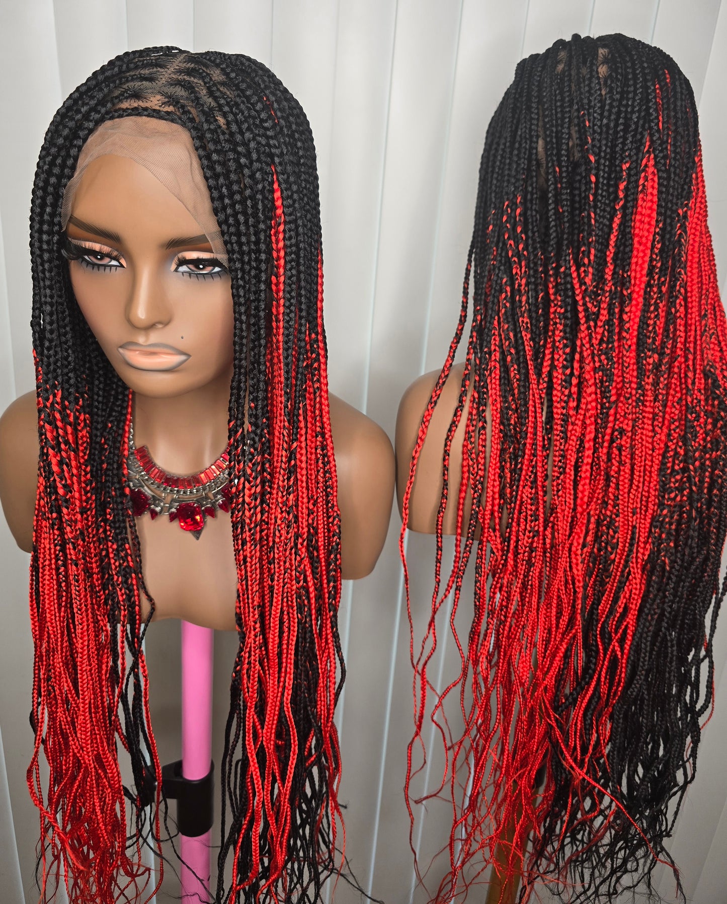 Fullace 30inches Black and Red Knotless Braided Wig for Classic Ladies Long Length Straight Style Natural Looking Bold Look