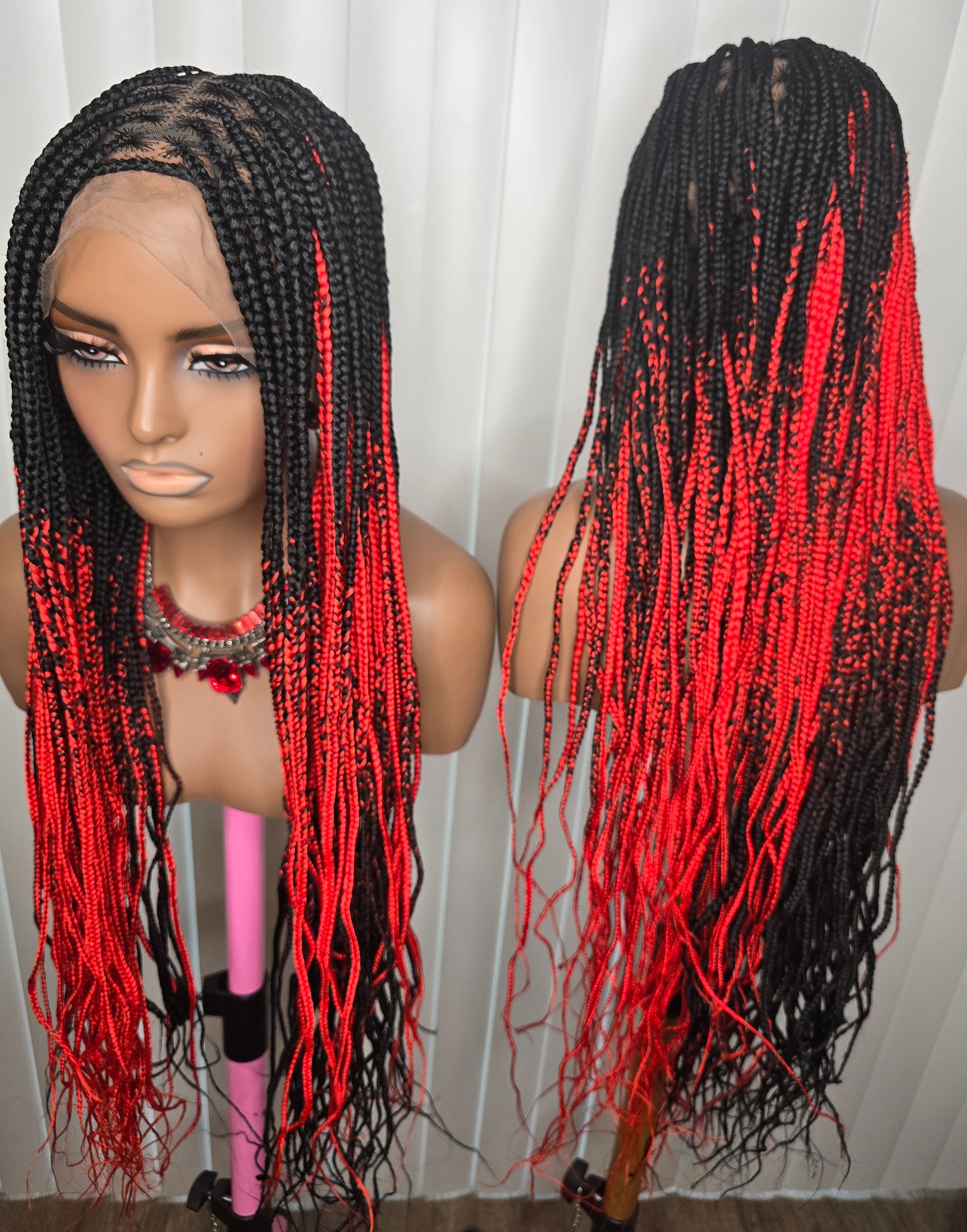 Fullace 30inches Black and Red Knotless Braided Wig for Classic Ladies Long Length Straight Style Natural Looking Bold Look