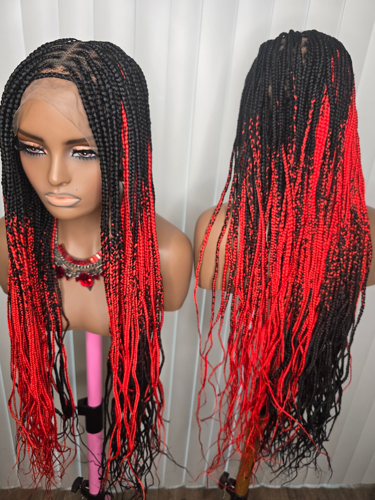 Fullace 30inches Black and Red Knotless Braided Wig for Classic Ladies Long Length Straight Style Natural Looking Bold Look