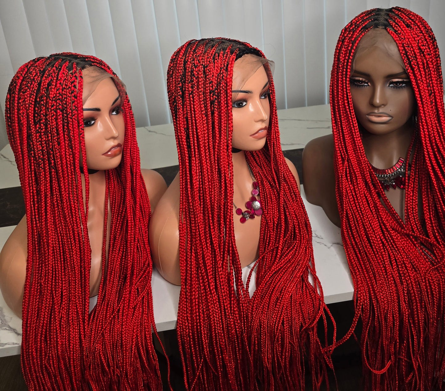 Fullace 30inches Red Knotless Braided Wig - Long Straight Synthetic Wig for Women, Vibrant Red Color, Full and Voluminous Look, Knotless Braided Style