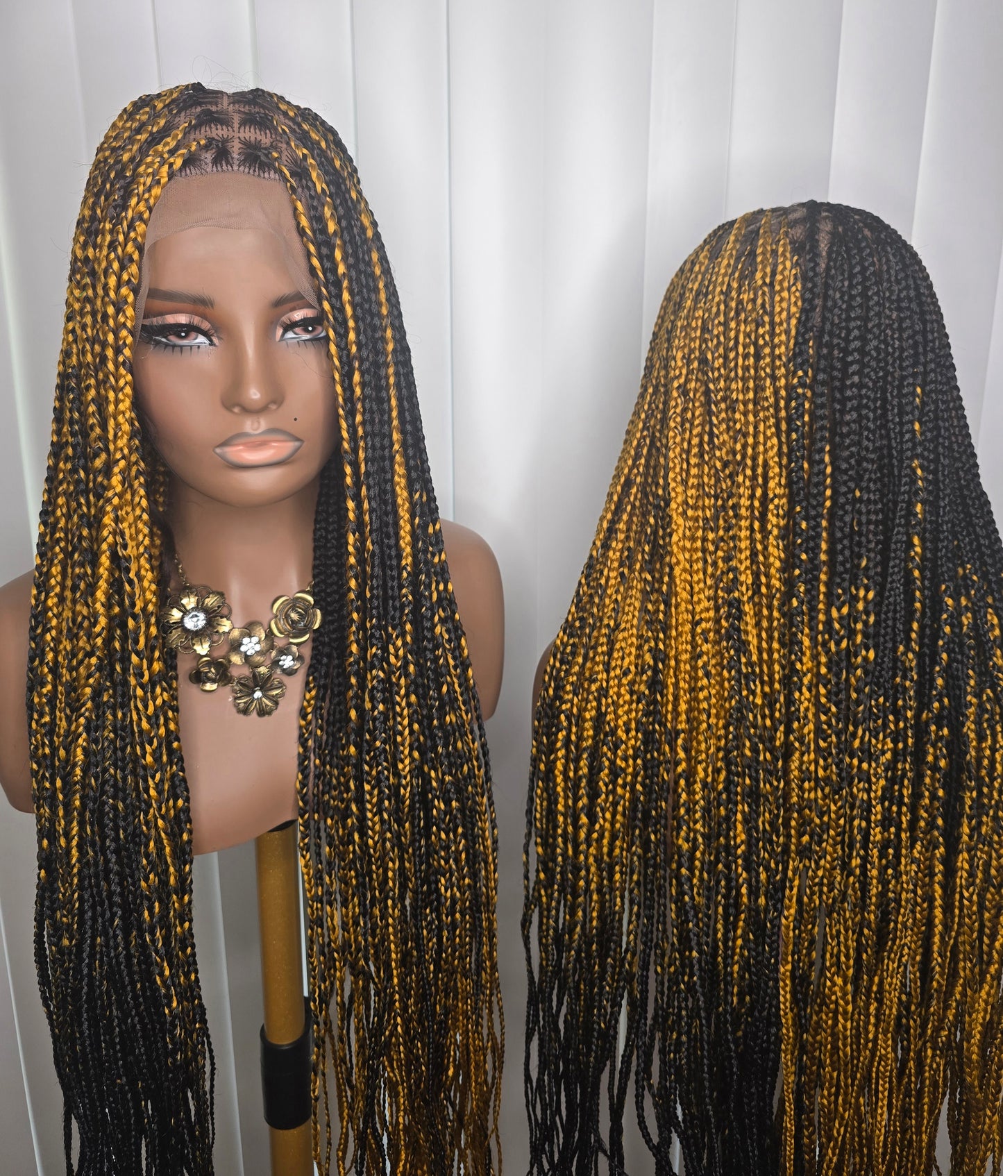 Black and Gold Knotless Braided Wig - Long, Straight, and Dense