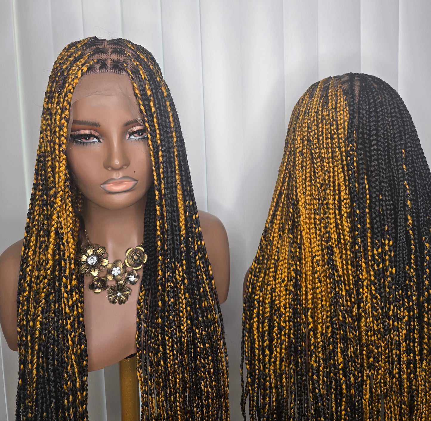 Black and Gold Knotless Braided Wig - Long, Straight, and Dense