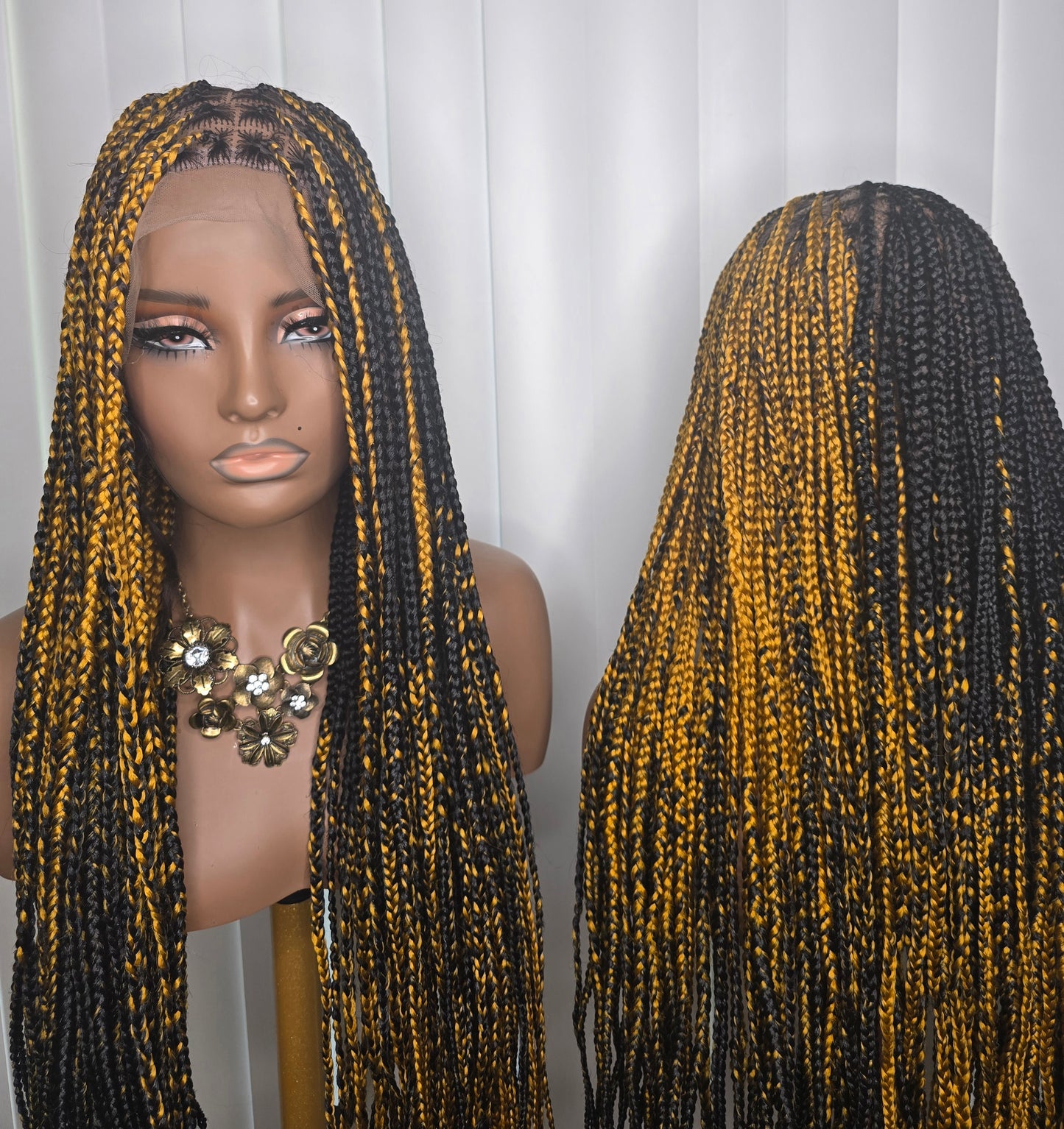 Black and Gold Knotless Braided Wig - Long, Straight, and Dense