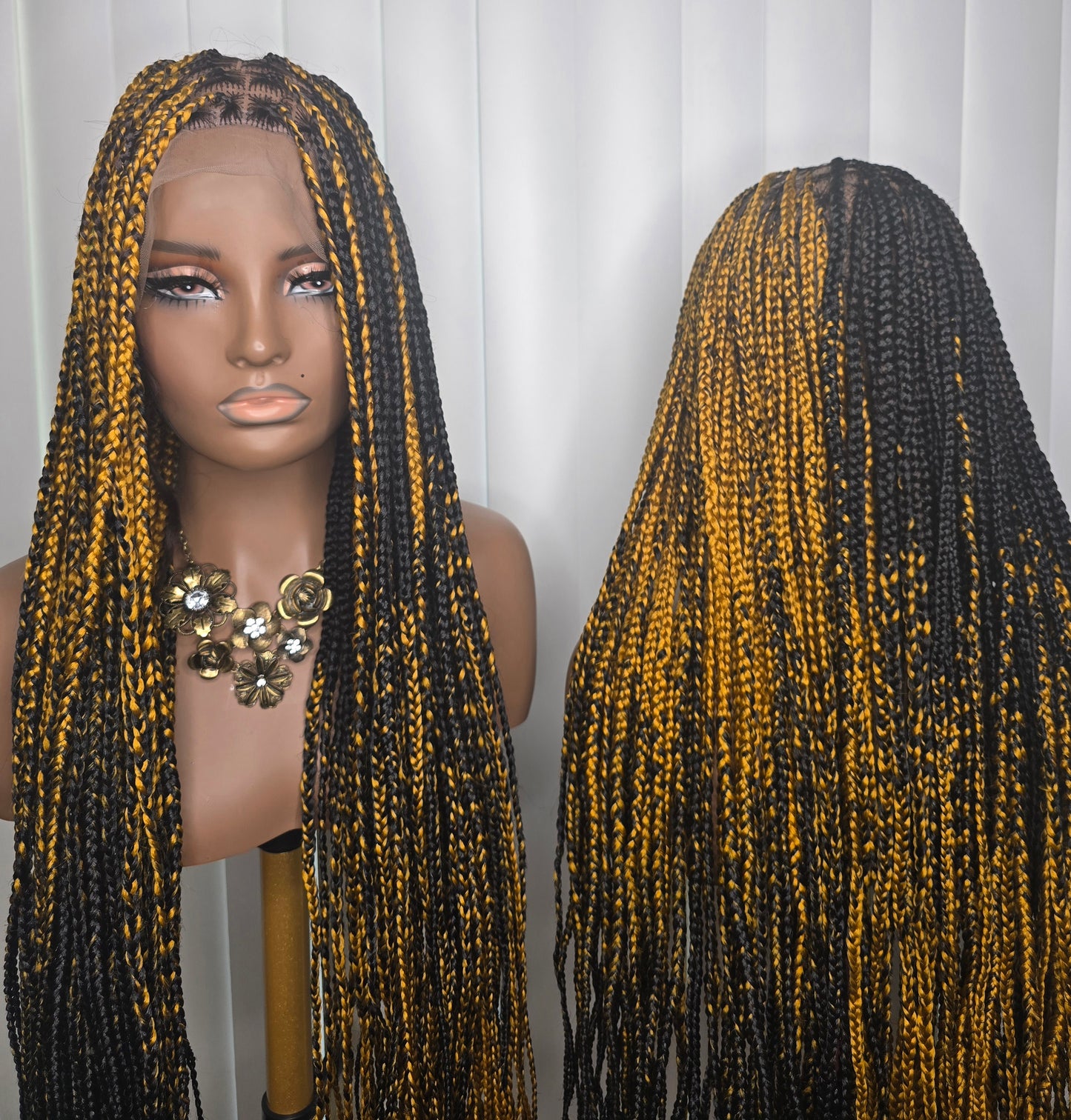 Black and Gold Knotless Braided Wig - Long, Straight, and Dense