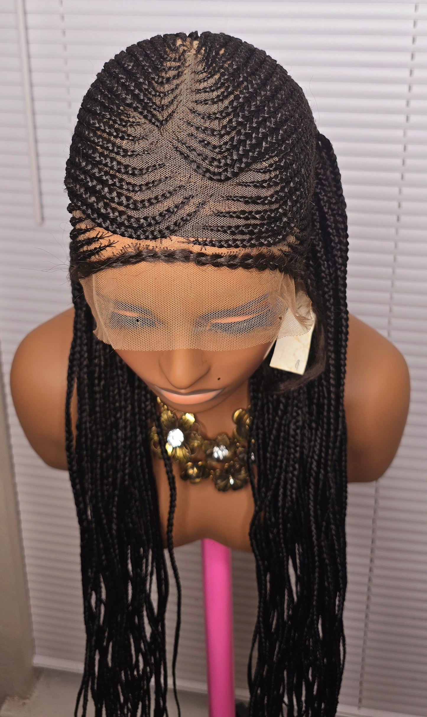 Black Adomac 035 32inches 360 Full Lace Synthetic Braided Wig with Unique Heart Design Unisex Natural Appearance Easy Styling Comfortable Maintenance