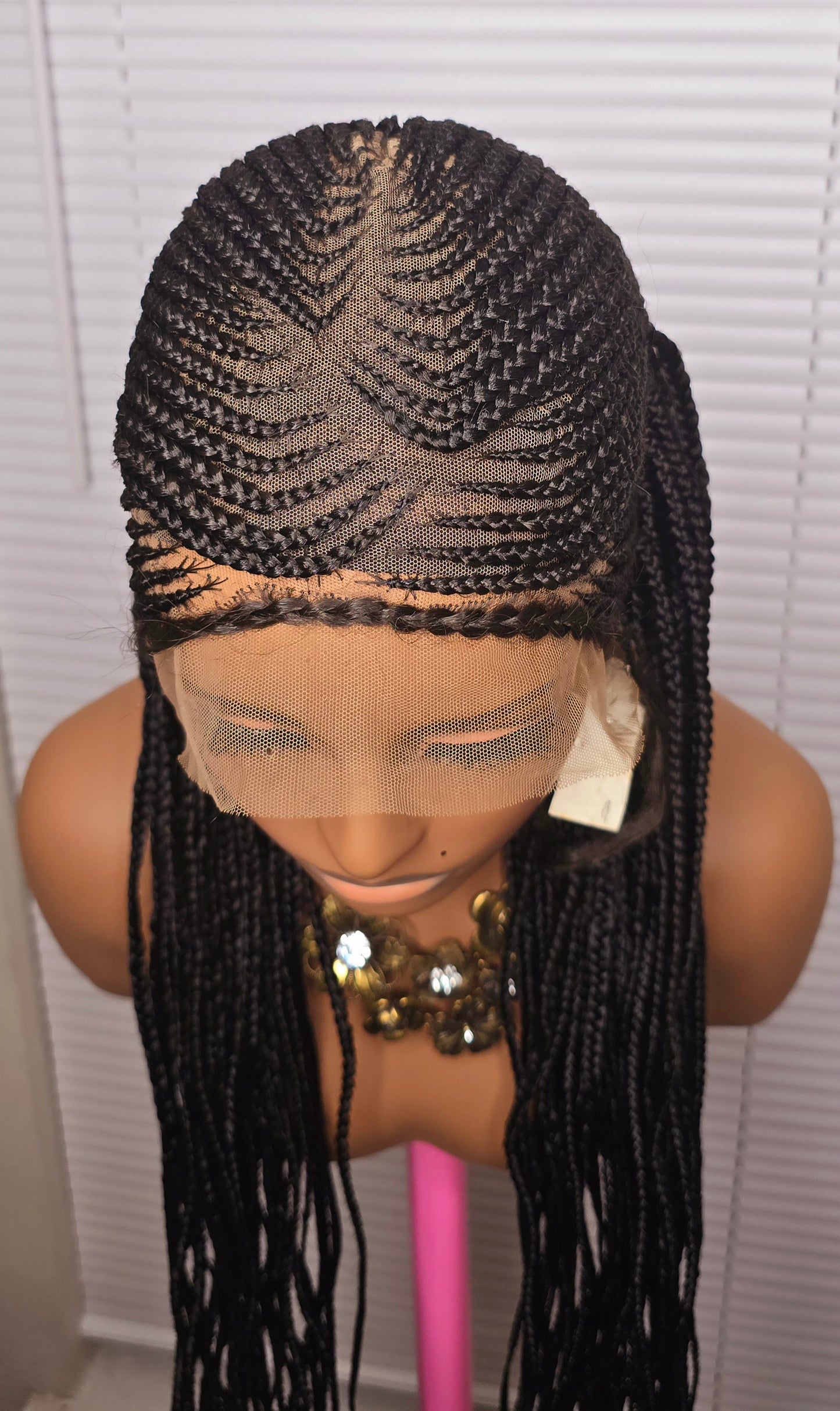 Black Adomac 035 32inches 360 Full Lace Synthetic Braided Wig with Unique Heart Design Unisex Natural Appearance Easy Styling Comfortable Maintenance