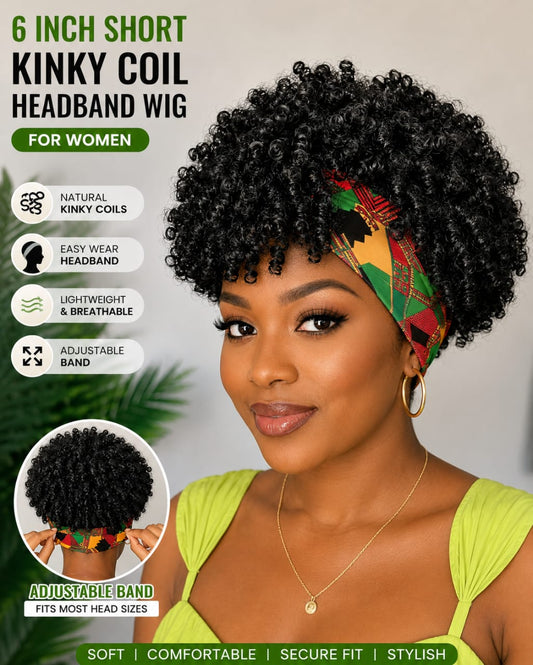 Women's 6-Inch Short Kinky Coil Headband Wig, African Print Adjustable Headband, Natural Curly Synthetic Wig
