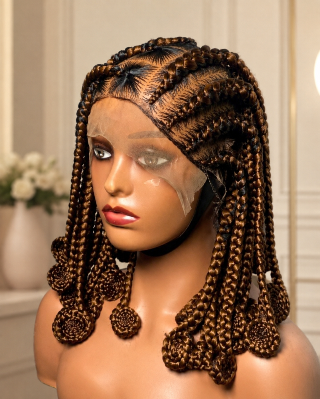 Elegant Handmade Braided Lace Front Wig for Women – Brown Cornrow Braids with Spiral Curled Ends, Protective Braided Hairstyle, Ready-to-Wear African-Inspired Wig