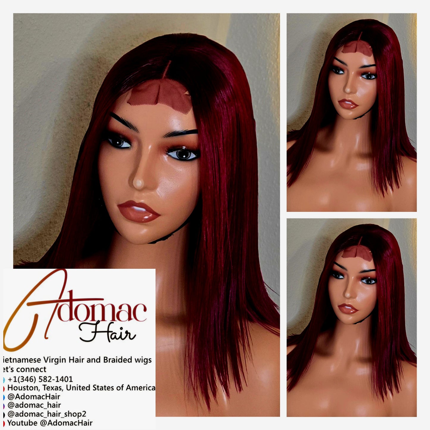 12" 2by6 SDD Vietnamese Bone Straight Human Hair Burgundy  Glueless wig  - Affordable Luxury for Ladies