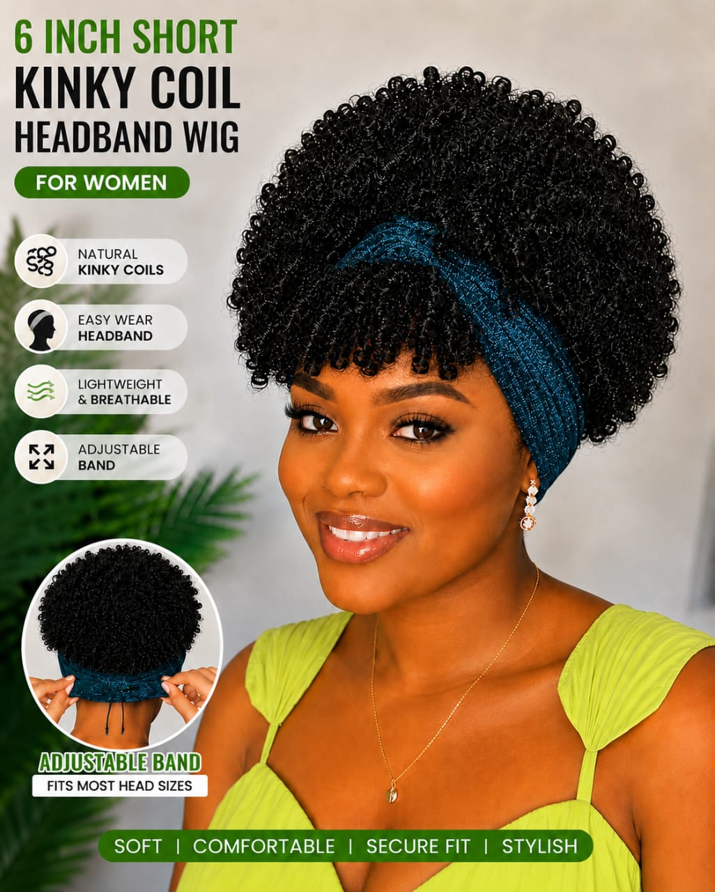 Women's 6-Inch Short Kinky Coil Headband Wig, Dark Teal, Adjustable, Natural-Looking Synthetic Curly Wig