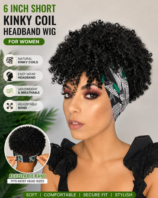 Women's 6-Inch Short Kinky Coil Headband Wig, Black-White-Green Pattern, Adjustable Band, Natural Curly Synthetic Wig