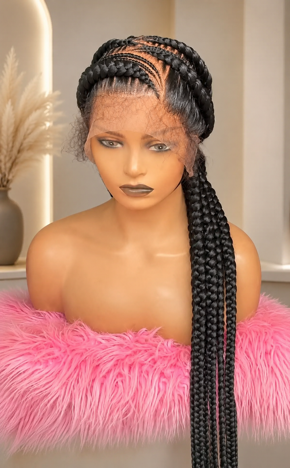 Long Black Braided Lace Front Wig for Women – Side-Swept Cornrow Box Braids, Handmade African-Inspired Protective Style, Ready-to-Wear Braided Wig