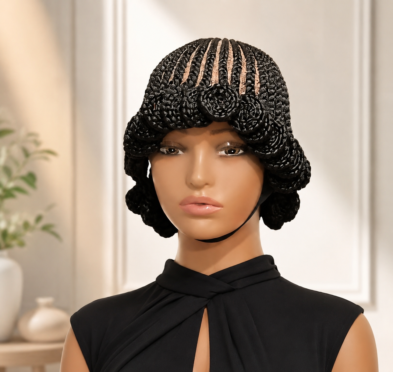 Elegant Black Braided Wig for Women – Handmade Cornrow Crown with Rose Knot Braids, Short Protective Braided Hairstyle, African-Inspired Ready-to-Wear Wig