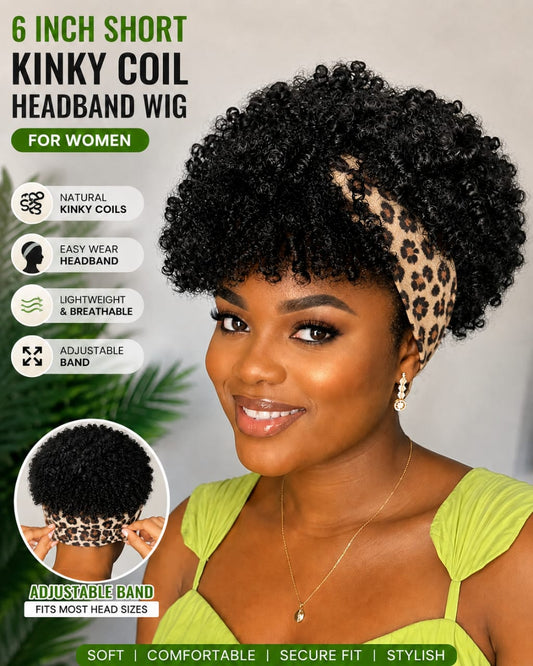 Women's 6-Inch Short Leopard Print Kinky Coil Headband Wig, Adjustable Band, Natural-Looking Curly Synthetic Wig