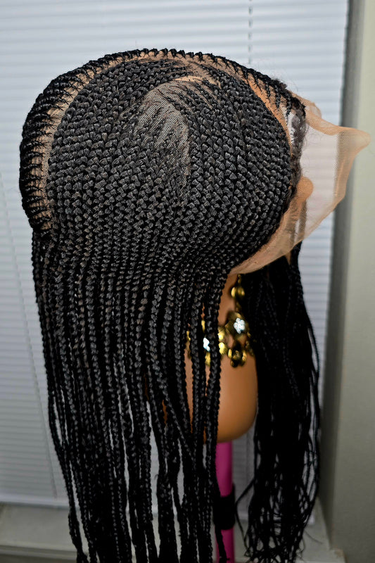 Black  32inches 360 Full Lace Synthetic Braided Wig with Unique Heart Design Unisex Natural Appearance Easy Styling Comfortable Maintenance