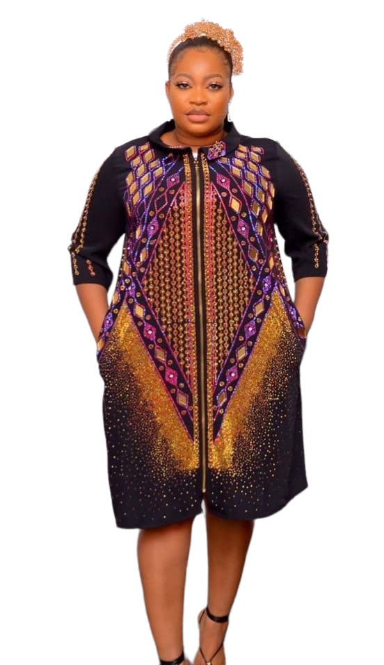 Elegant Stoned Gown for Classic Ladies with Vibrant Patterns and Stylish Design Zipper Down Closure Three Quarter Sleeves Summer Fashion