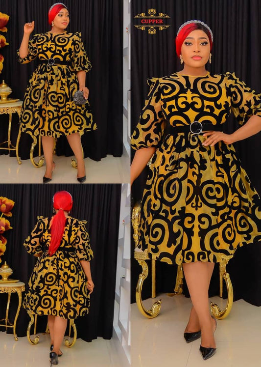 CUPPER Black and Yellow Three Quarter Bubble Gown with Fitted Belt for Classic Ladies Elegant Swirl Design