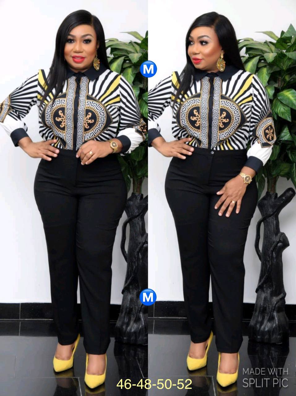 Stylish Zebra Print Blouse with Gold Accents & Elegant Black Trousers Inspired by Turkish Fashion for Classic Ladies