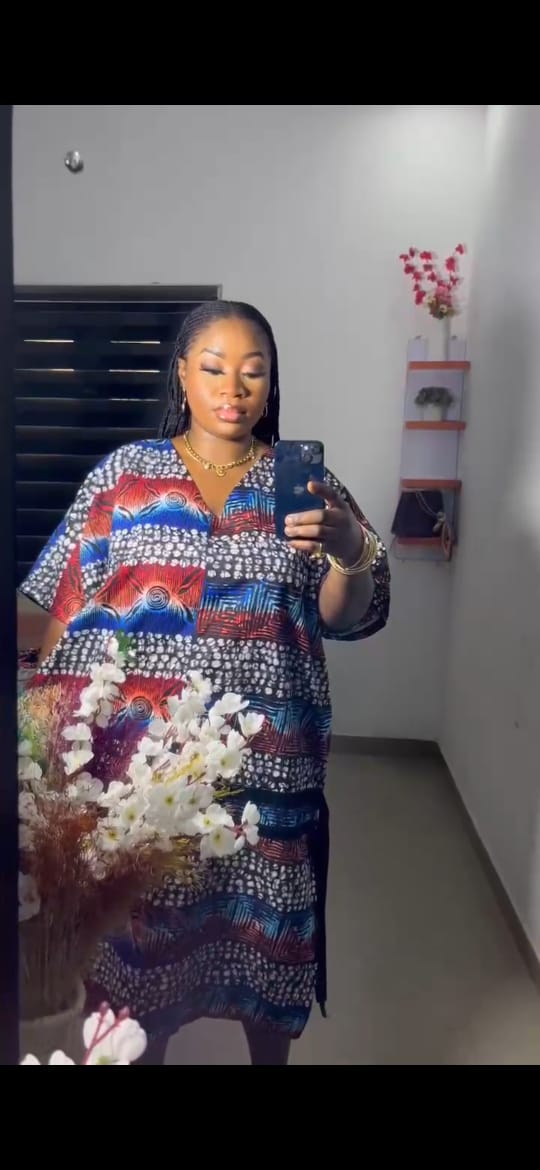 Classic Ladies Blue Patterened Ankara Style Dress with Vibrant Geometric Patterns and Comfortable Fit for Everyday Wear