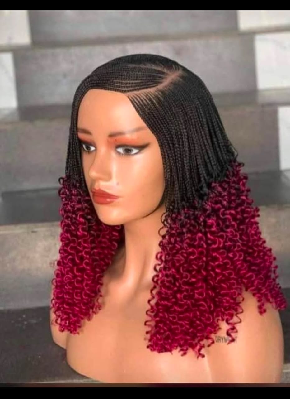 Black and Red Synthetic Braided Wigs with Curly Ends for Stylish Looks Unisex Braided Wig in Black and Red Synthetic Material