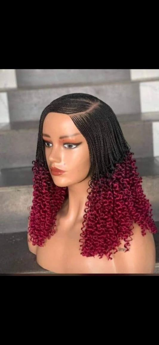 Black and Red Synthetic Braided Wigs with Curly Ends for Stylish Looks Unisex Braided Wig in Black and Red Synthetic Material