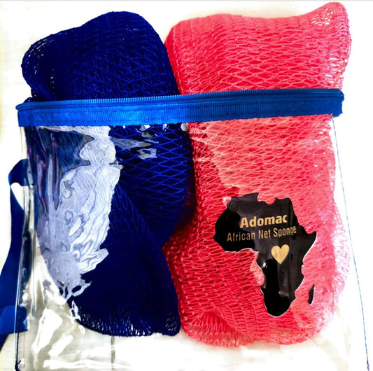 Adomac African net Sponge- 2 pieces Exfoliating Back Scrub bath sponge with knots -Long design for easy back scrubbing, Great for daily bathing and self-care  Reusable, durable, and easy to rinse