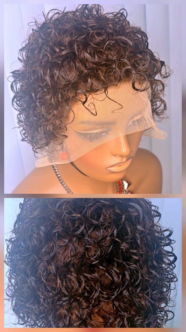 13x1 Short Pixie Curls 100% Human Hair Wig with Transparent Lace, Frontal Glueless Wig