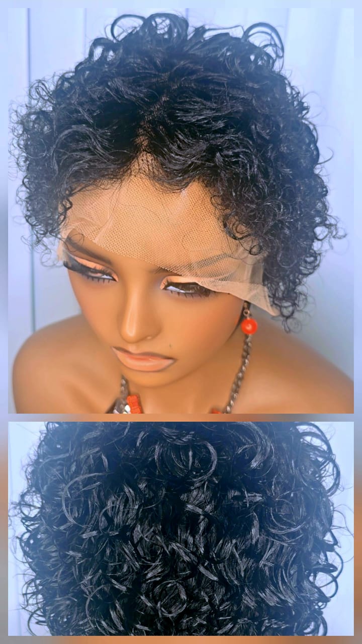 13x1 Short Pixie Curls 100% Human Hair Wig with Transparent Lace, Frontal Glueless Wig