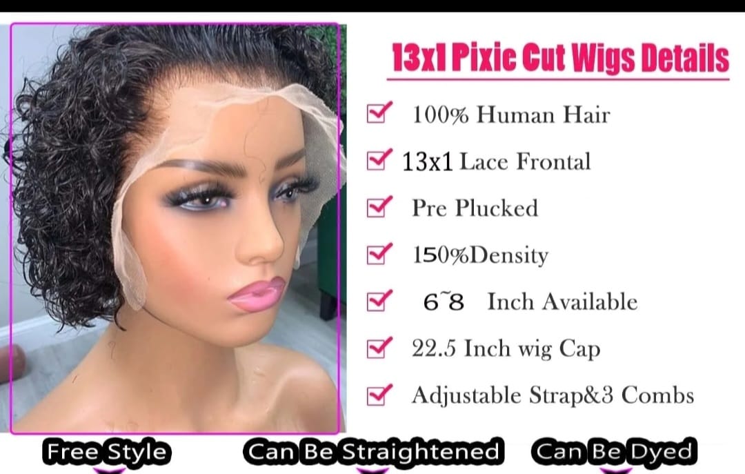 13x1 Short Pixie Curls 100% Human Hair Wig with Transparent Lace, Frontal Glueless Wig
