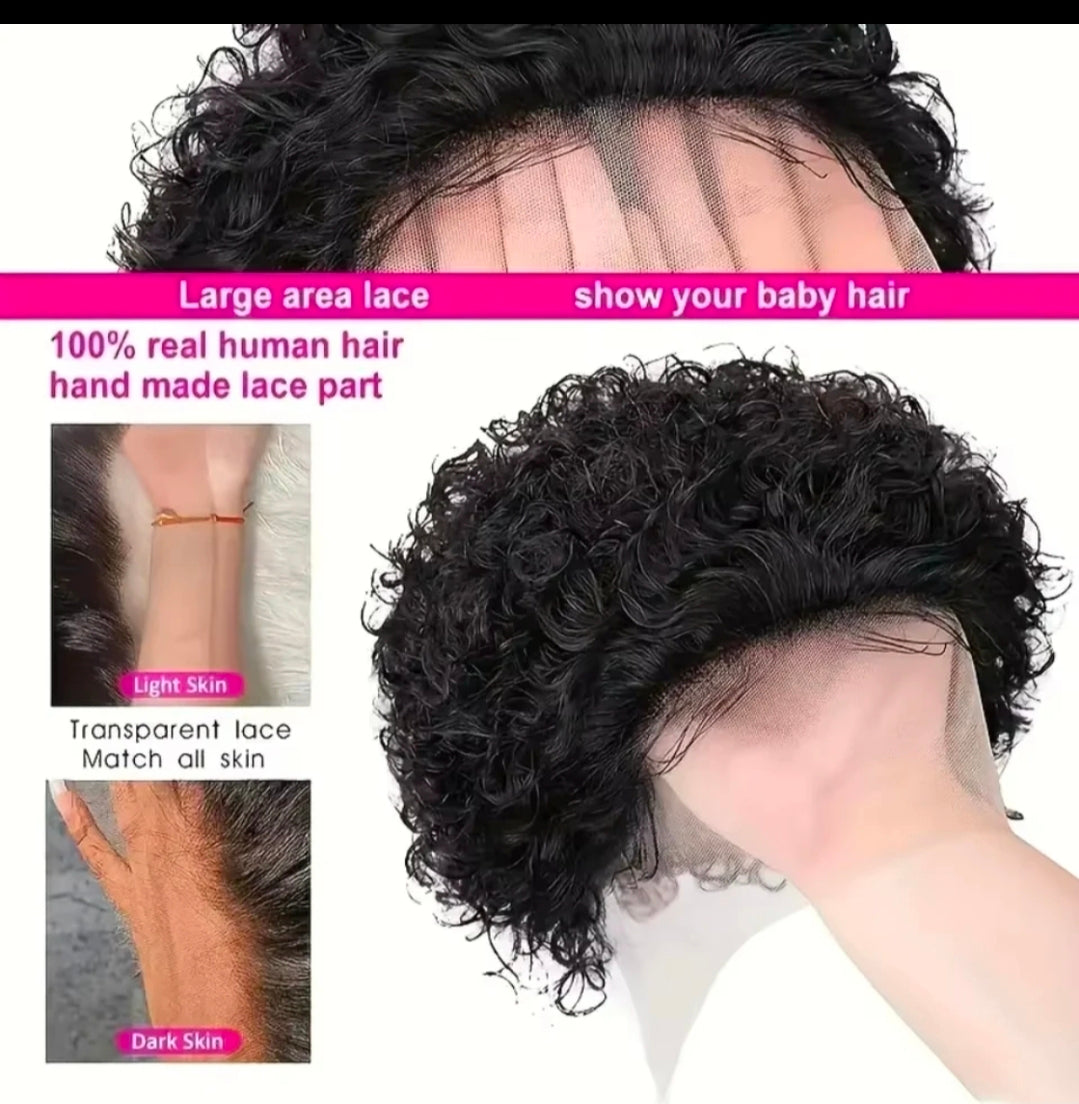 13x1 Short Pixie Curls 100% Human Hair Wig with Transparent Lace, Frontal Glueless Wig