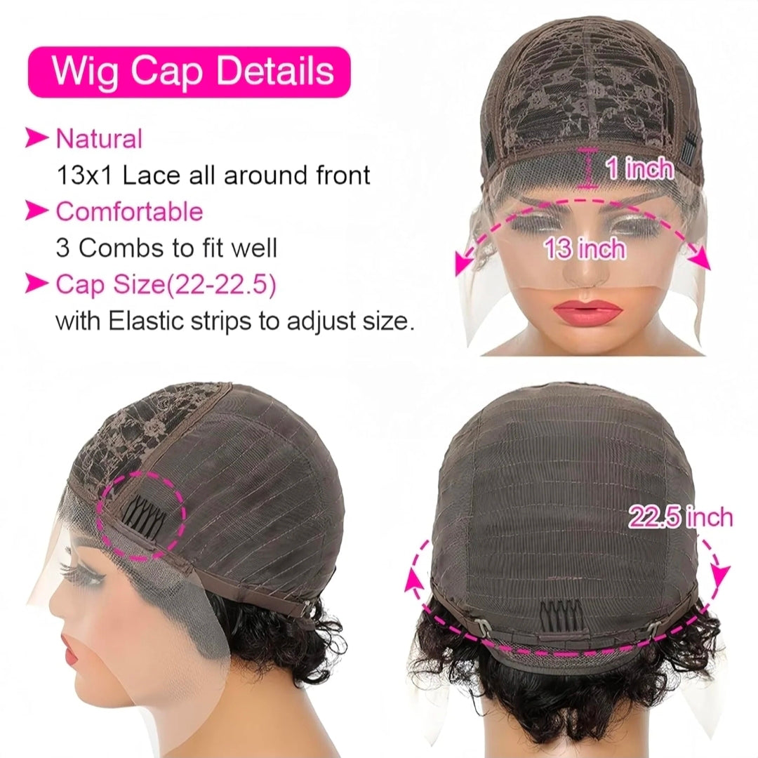 13x1 Short Pixie Curls 100% Human Hair Wig with Transparent Lace, Frontal Glueless Wig