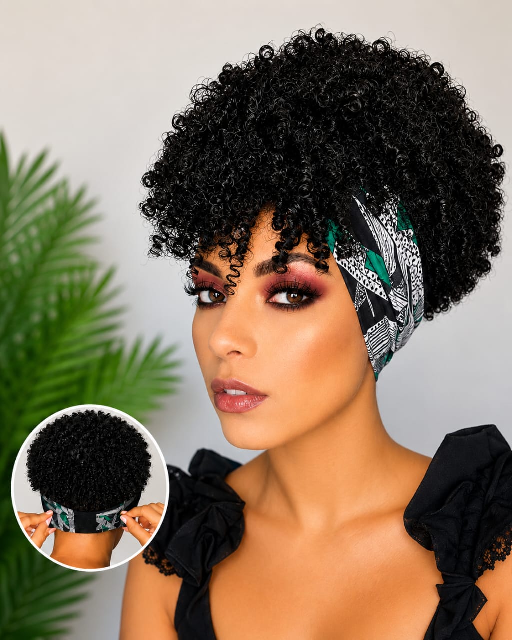 Women's 6-Inch Short Kinky Coil Headband Wig, Black-White-Green Pattern, Adjustable Band, Natural Curly Synthetic Wig
