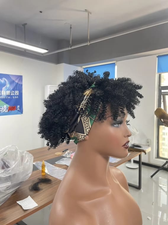 Women's 6-Inch Short Kinky Coil Headband Wig, Black-White-Green Pattern, Adjustable Band, Natural Curly Synthetic Wig