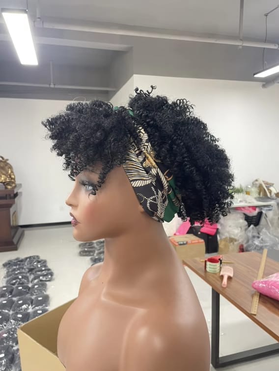 Women's 6-Inch Short Kinky Coil Headband Wig, Black-White-Green Pattern, Adjustable Band, Natural Curly Synthetic Wig