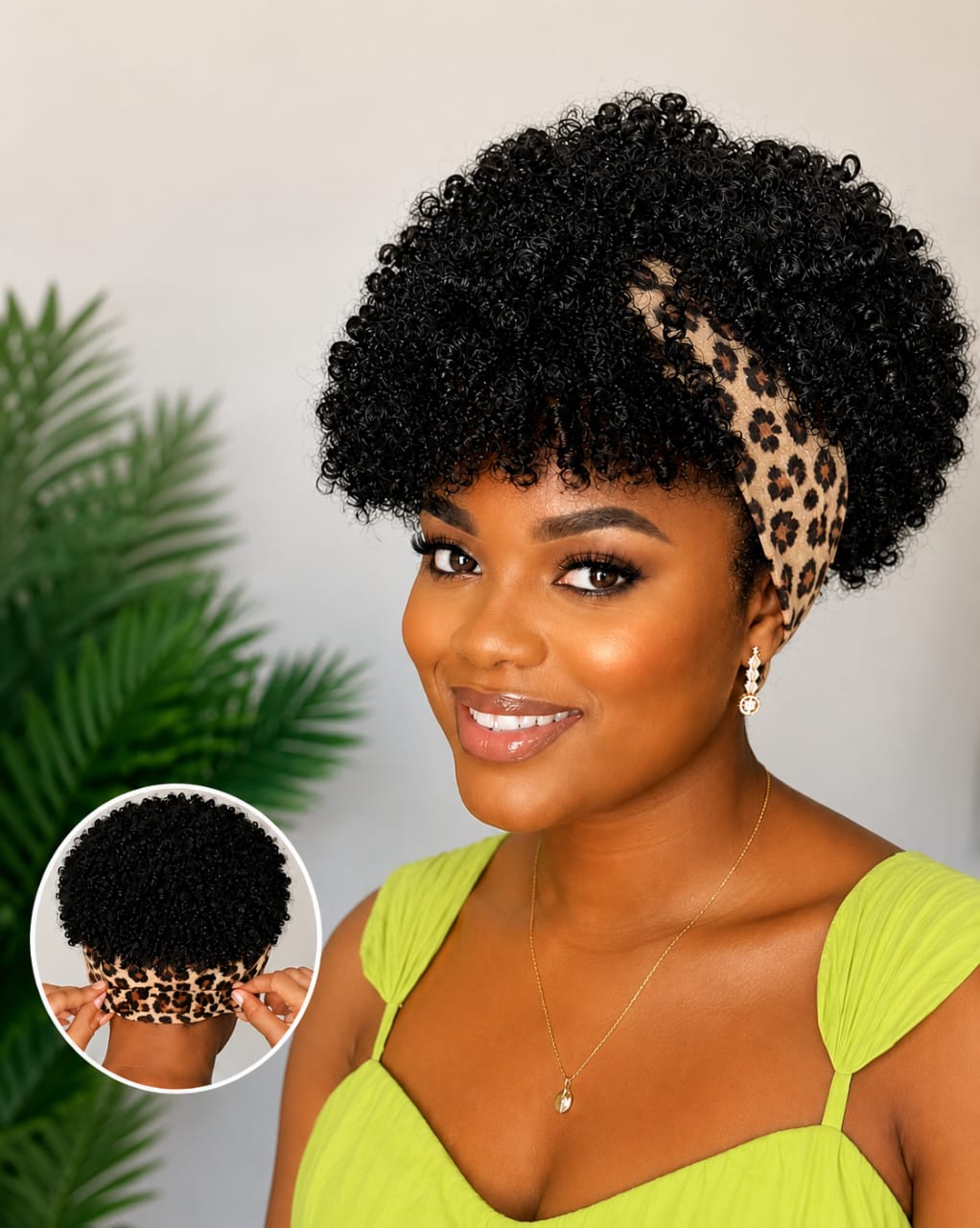 Women's 6-Inch Short Leopard Print Kinky Coil Headband Wig, Adjustable Band, Natural-Looking Curly Synthetic Wig