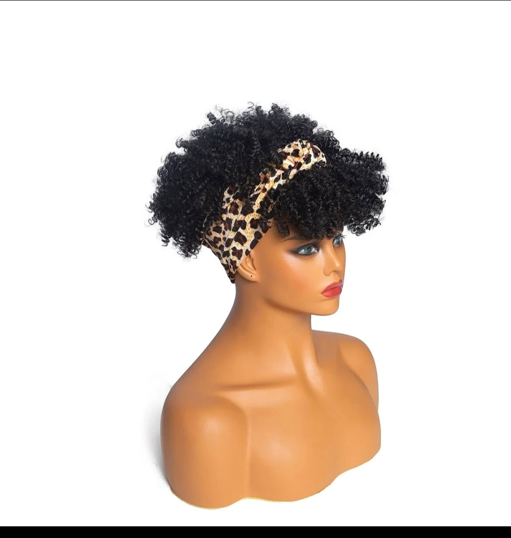 Women's 6-Inch Short Leopard Print Kinky Coil Headband Wig, Adjustable Band, Natural-Looking Curly Synthetic Wig