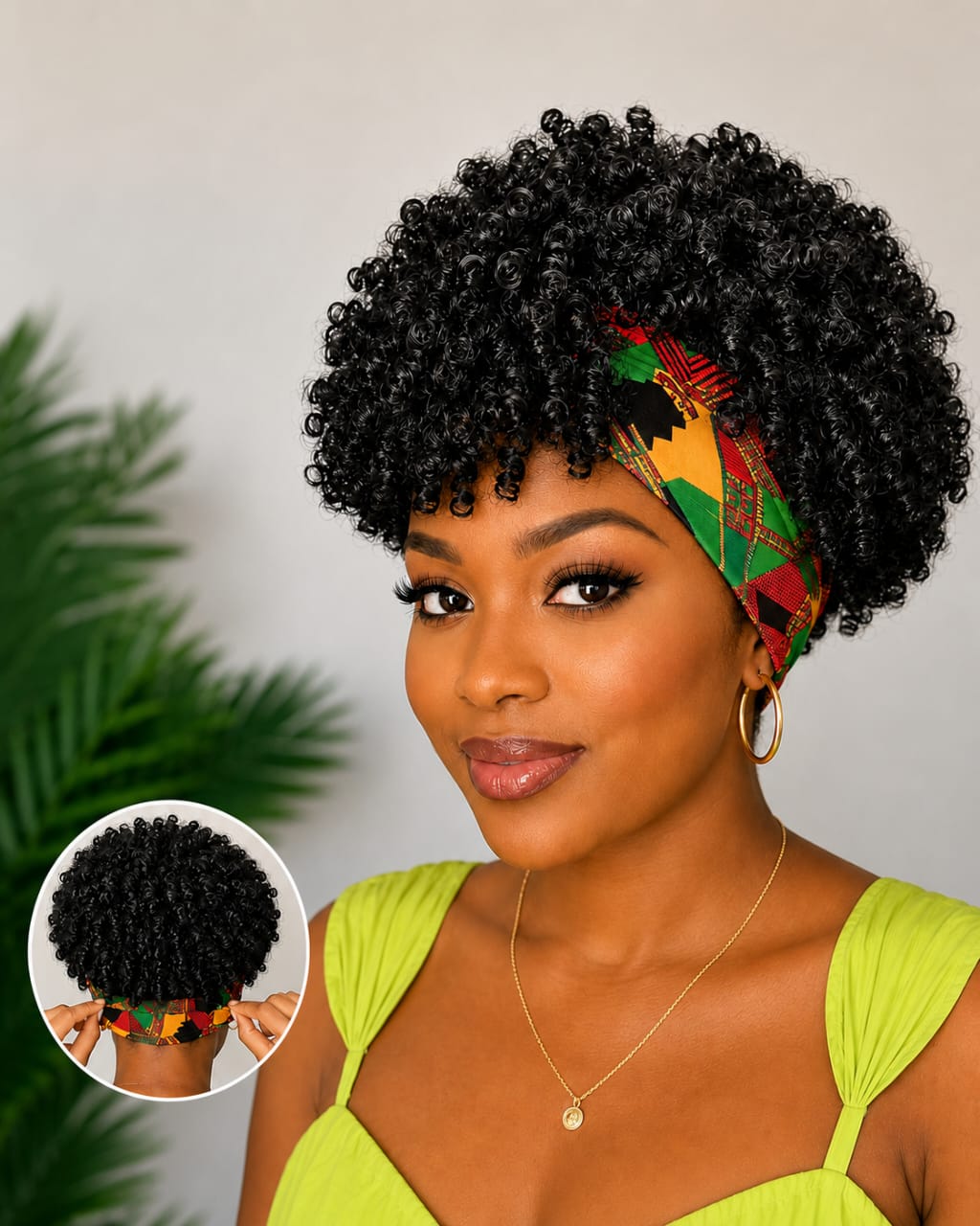 Women's 6-Inch Short Kinky Coil Headband Wig, African Print Adjustable Headband, Natural Curly Synthetic Wig